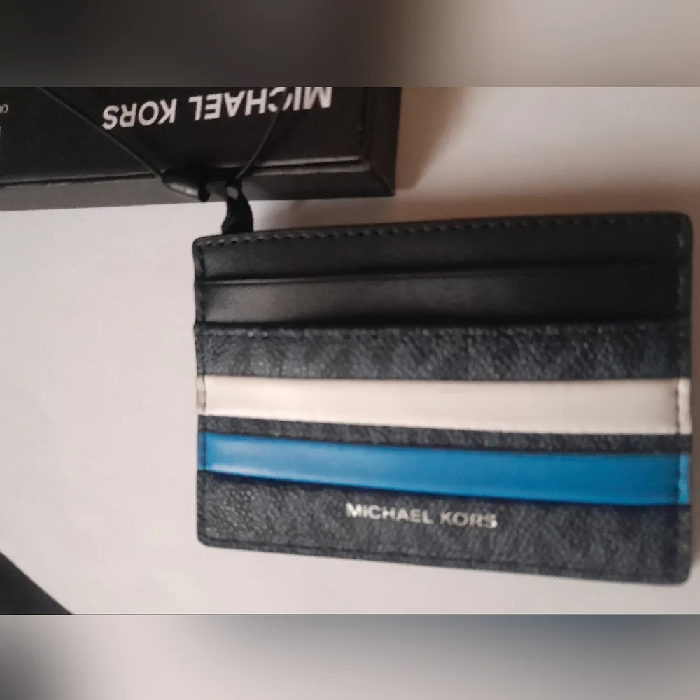 New Michael Kors Men's Card Case In Multi Blue ColorBlock NWT In Gift Box